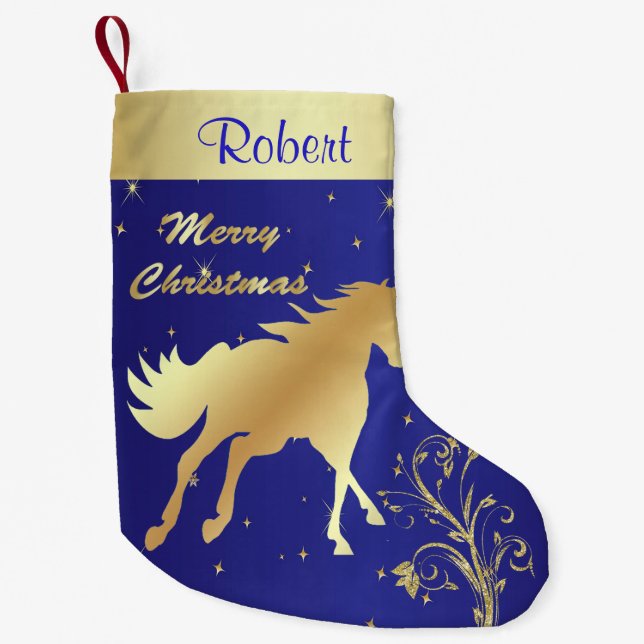 Western Gold Horse On BLue Background Small Christmas Stocking (Front)