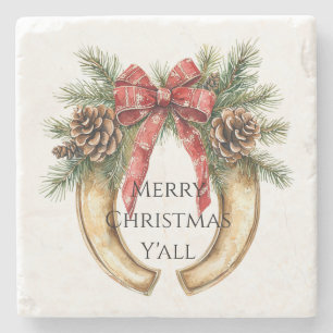 Western Gold Horse Shoe Christmas Pine Cones Stone Coaster