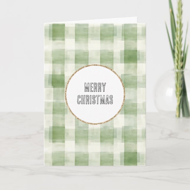 Western Green Cream Plaid Stripes Christmas Card (Front)