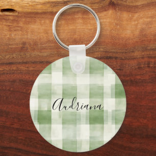 Western Green Cream Plaid Stripes Christmas Key Ring