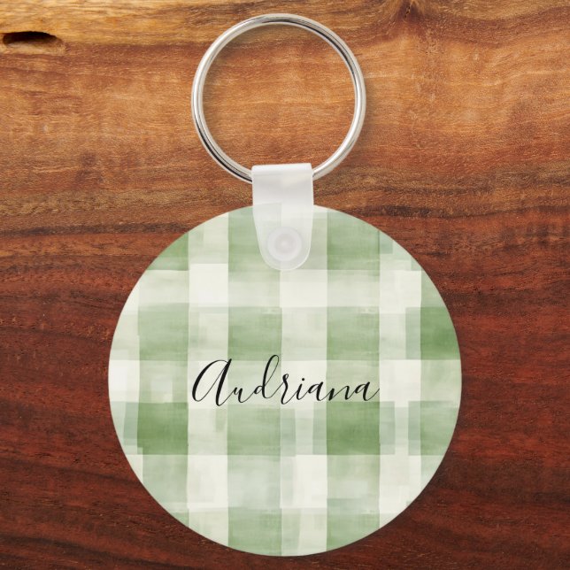 Western Green Cream Plaid Stripes Christmas Key Ring (Front)