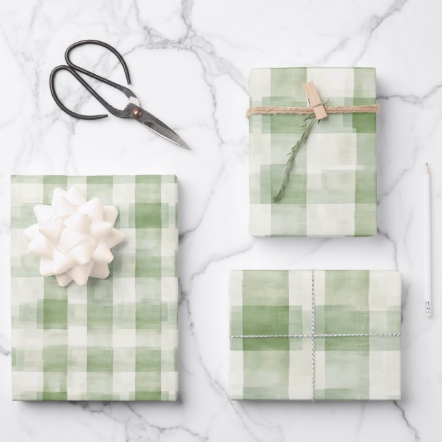 Western Green Cream Plaid Stripes Christmas Wrapping Paper Sheet (Front)