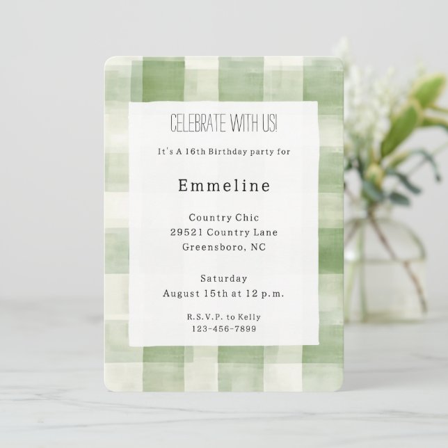 Western Green Cream Plaid Stripes Country Birthday Invitation (Standing Front)