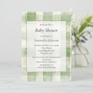 Western Green Cream Plaid Stripes Invitation