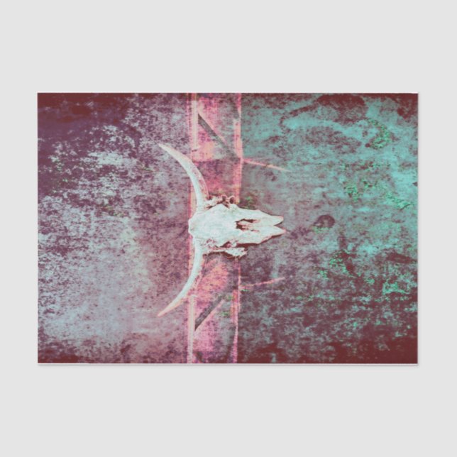 Western Grunge Texture Rustic Teal Bull Skull Tissue Paper (Front)