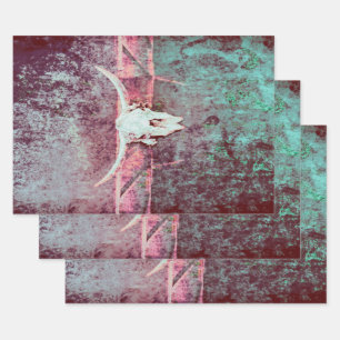 Western Grunge Texture Rustic Teal Bull Skull Wrapping Paper Sheet