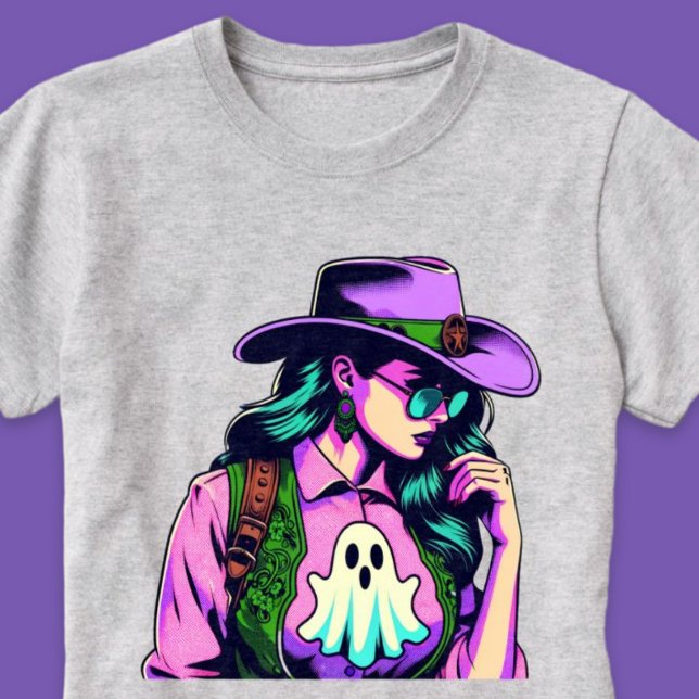 Western Halloween Cowgirl with Ghost Pop Art Shirt (Western Halloween Cowgirl with Ghost Pop Art Shirt)