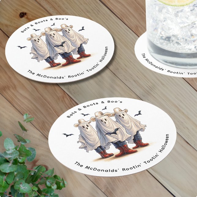 Western Halloween Party Cowboy Ghosts Custom Round Paper Coaster (Personalize with your own text.  See collection for matching items)