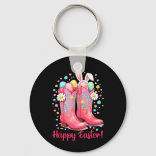 Western Happy Easter Day Cowgirl Boots Bunny Farm Key Ring