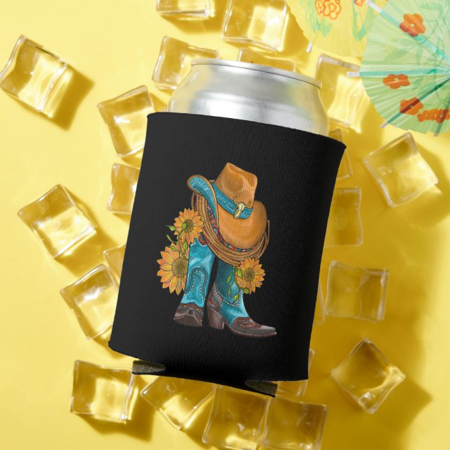 Western Hat And Cowboy Boots With Sunflowers Can Cooler (In Situ Summer)