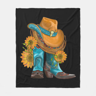 Western Hat And Cowboy Boots With Sunflowers Fleece Blanket
