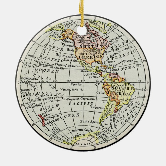 Western Hemisphere Map Globe Travel Art Ceramic Tree Decoration (Back)