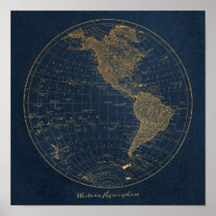 Western Hemisphere Map Vintage Poster