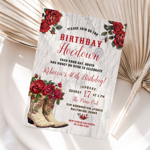 Western Hoedown Rustic Cowgirl Red Floral Birthday Invitation