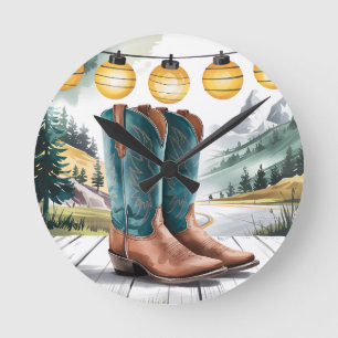 Western Home Decor Rustic Trails Cowboy Boots Round Clock