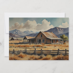 Western Homestead Ranch Farm Watercolor Painting Holiday Card