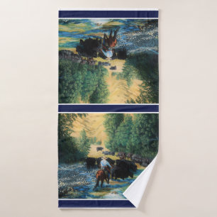 Western horse/black Angus cattle herd/cowboy Bath Towel