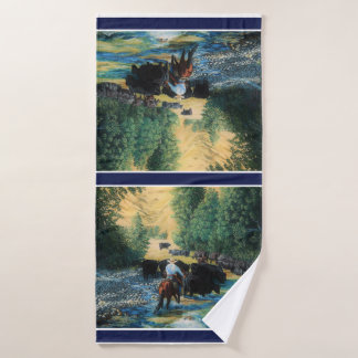 Western horse/black Angus cattle herd/cowboy Bath Towel
