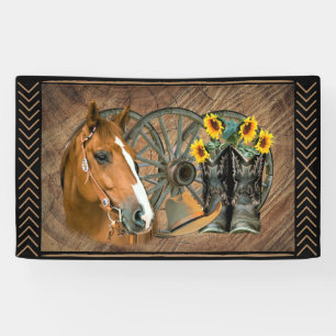 Western Horse Cowboy Boots Cowboy Hat Wagon Wheel Banner