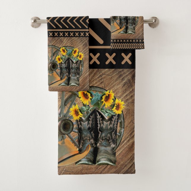 Western Horse Cowboy Boots Cowboy Hat Wagon Wheel Bath Towel Set (Insitu)