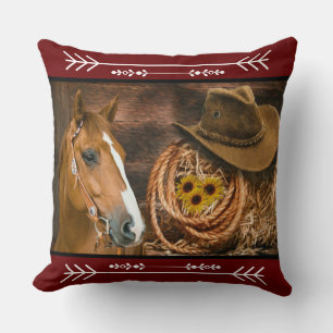 Western Horse Cowboy Boots Cowboy Hat Wagon Wheel Cushion