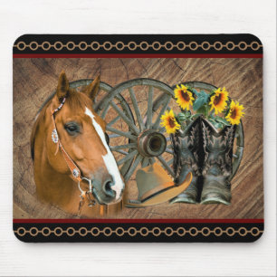 Western Horse Cowboy Boots Cowboy Hat Wagon Wheel Mouse Pad