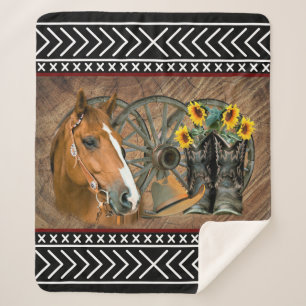Western Horse Cowboy Boots Cowboy Hat Wagon Wheel Sherpa Blanket