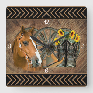 Western Horse Cowboy Boots Cowboy Hat Wagon Wheel Square Wall Clock