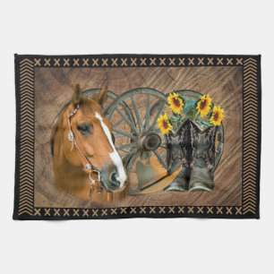 Western Horse Cowboy Boots Cowboy Hat Wagon Wheel Tea Towel