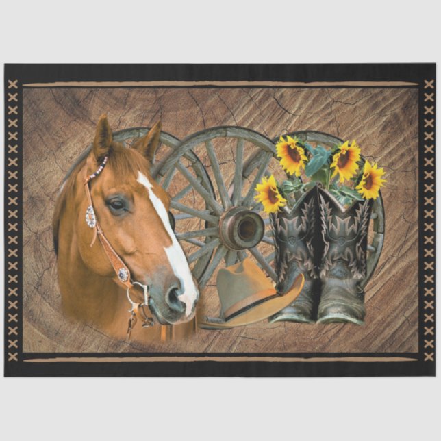 Western Horse Cowboy Boots Cowboy Hat Wagon Wheel Tissue Paper (Front)
