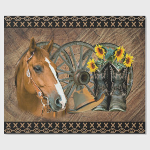 Western Horse Cowboy Boots Cowboy Hat Wagon Wheel Wrapping Paper