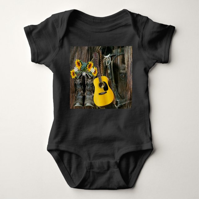 Western Horse Cowboy boots Guitar Sunflowers Baby Bodysuit (Front)