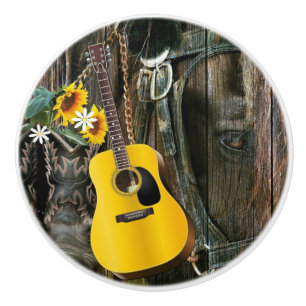 Western Horse Cowboy boots Guitar Sunflowers Ceramic Knob