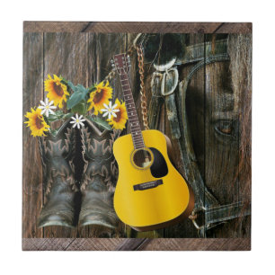 Western Horse Cowboy boots Guitar Sunflowers Ceramic Tile