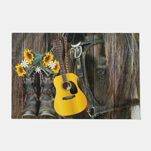 Western Horse Cowboy boots Guitar Sunflowers Doormat (Front)