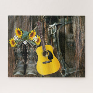 Western Horse Cowboy boots Guitar Sunflowers Jigsaw Puzzle