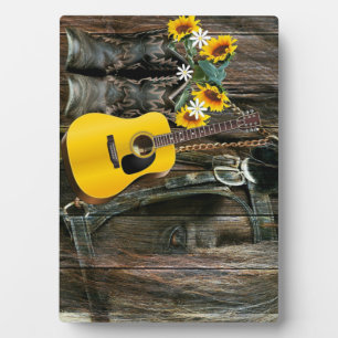 Western Horse Cowboy boots Guitar Sunflowers Plaque