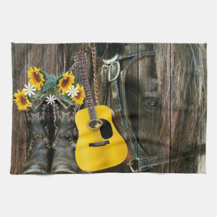 Western Horse Cowboy boots Guitar Sunflowers Tea Towel