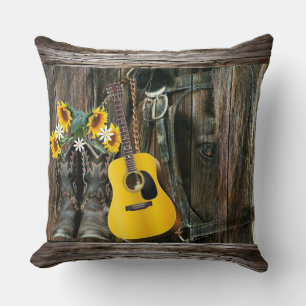 Western Horse Cowboy boots Guitar Sunflowers Throw Cushion