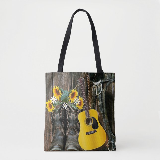 Western Horse Cowboy boots Guitar Sunflowers Tote Bag (Front)