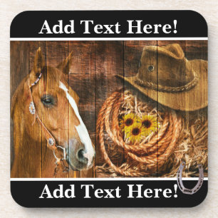 Western Horse Cowboy Hat Lasso Rustic Barn Board Coaster