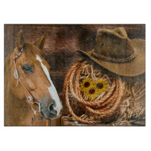Western Horse Cowboy Hat Lasso Sunflowers  Cutting Board