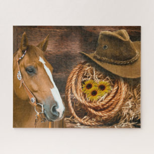 Western Horse Cowboy Hat Lasso Sunflowers Jigsaw Puzzle