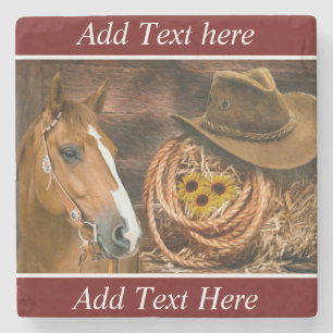 Western Horse Cowboy Hat Lasso Sunflowers Stone Coaster