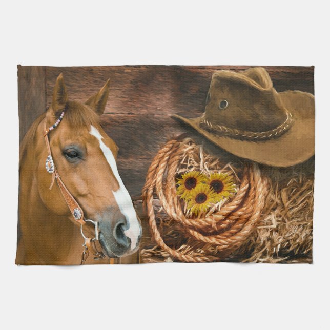 Western Horse Cowboy Hat Lasso Sunflowers  Tea Towel (Horizontal)