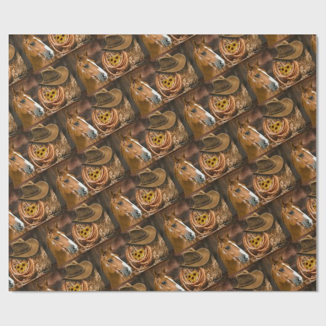 Western Horse Cowboy Hat Lasso Sunflowers  Wrapping Paper (Flat)