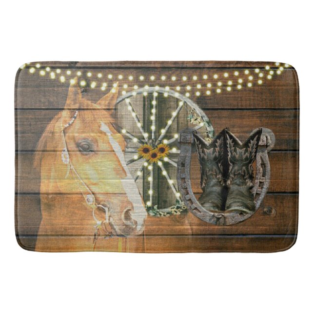 Western Horse Horseshoe Wagon Wheel Cowboy Boots Bath Mat (Front)