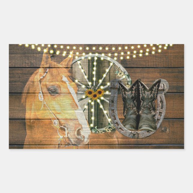 Western Horse Horseshoe Wagon Wheel Cowboy Boots Rectangular Sticker (Front)