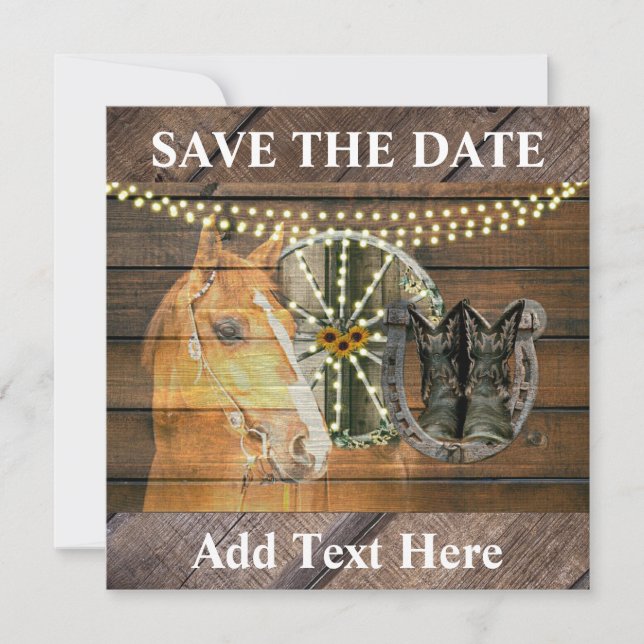 Western Horse Horseshoe Wagon Wheel Cowboy Boots Save The Date (Front)