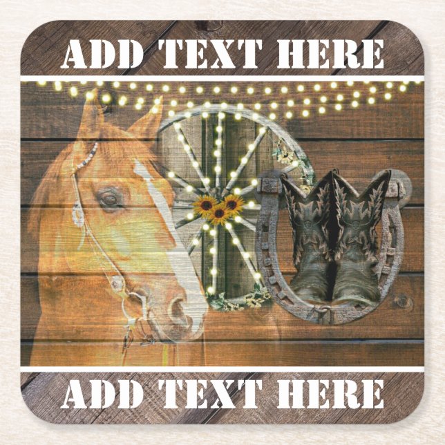 Western Horse Horseshoe Wagon Wheel Cowboy Boots Square Paper Coaster (Front)
